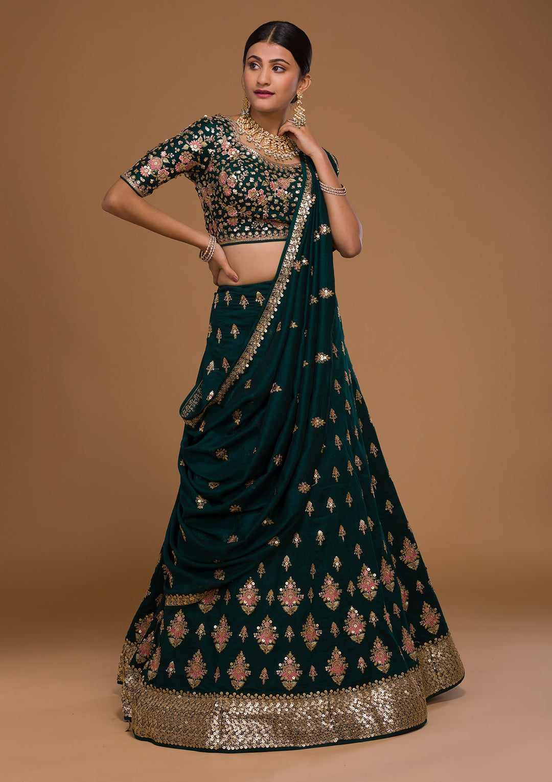 Bottle Green Sequins Georgette Designer Lehenga-Koskii