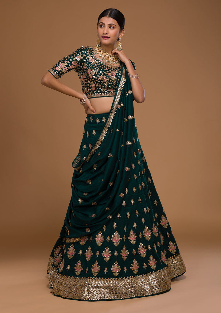 Bottle Green Sequins Georgette Designer Lehenga-Koskii