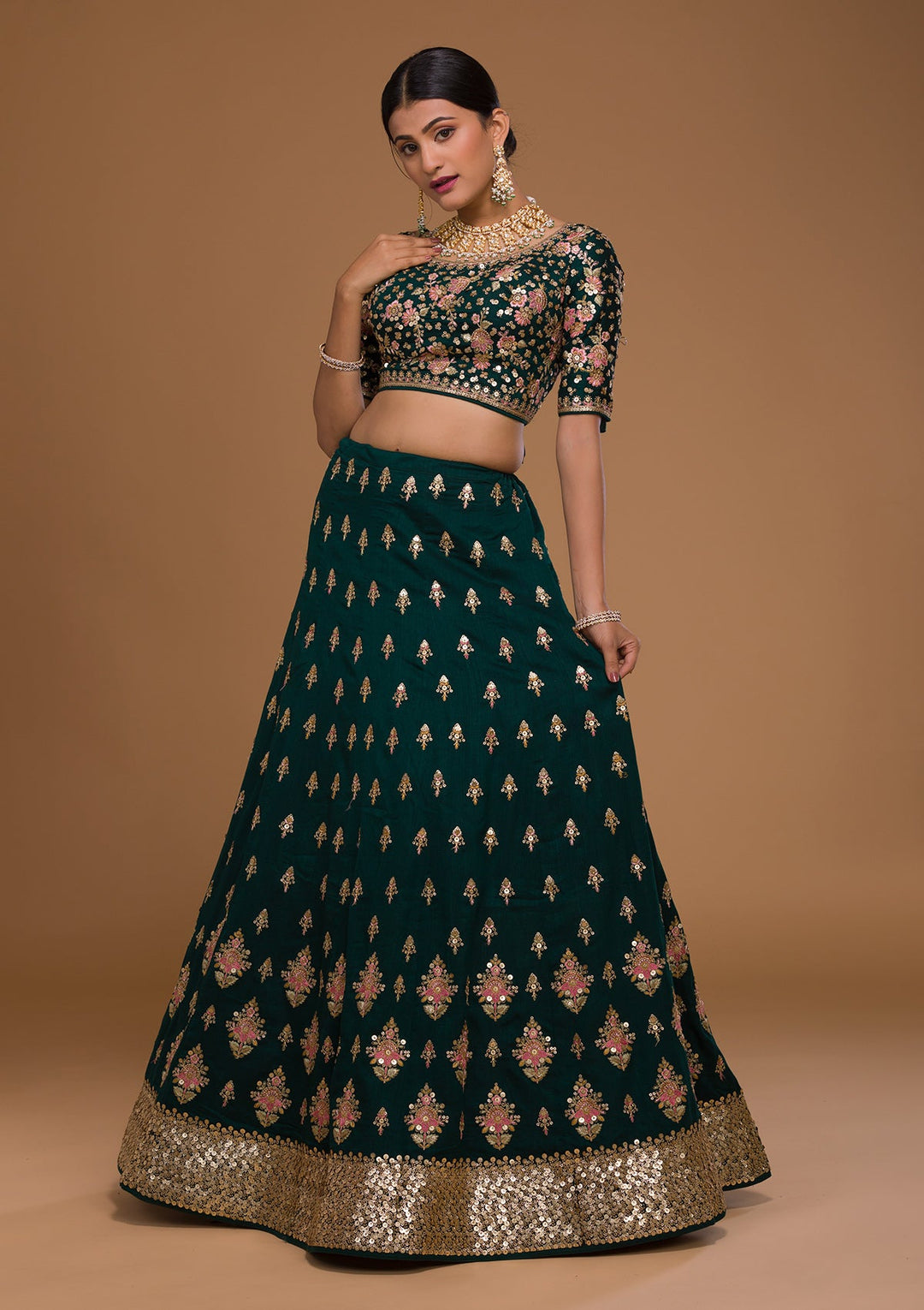 Bottle Green Sequins Georgette Designer Lehenga-Koskii