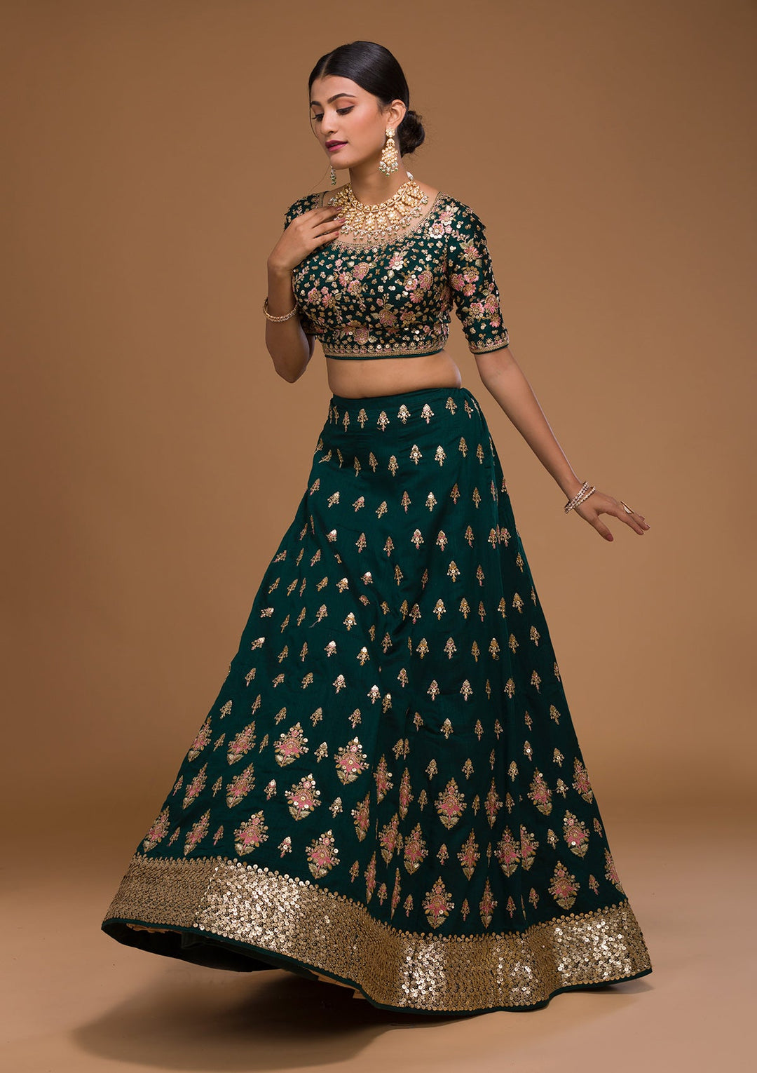 Bottle Green Sequins Georgette Designer Lehenga-Koskii