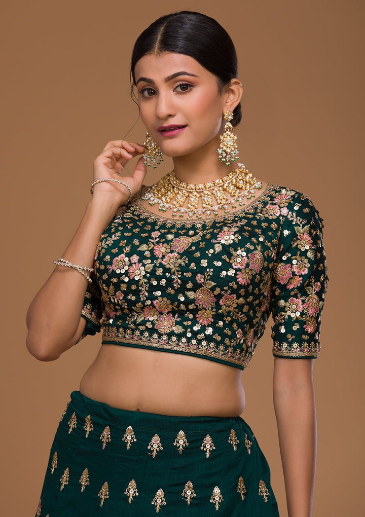 Bottle Green Sequins Georgette Designer Lehenga-Koskii