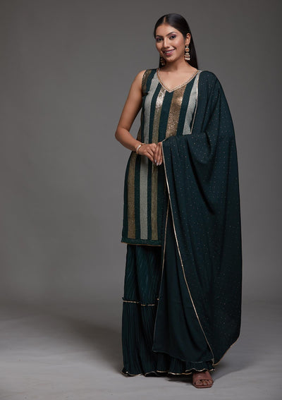 Bottle Green Sequins Semi Crepe Designer Salwar Suit-Koskii