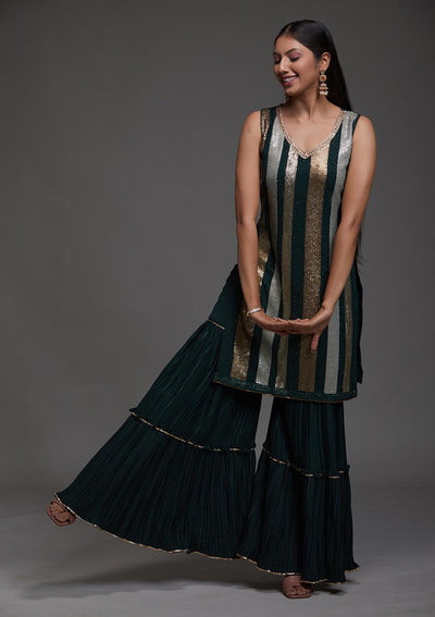 Bottle Green Sequins Semi Crepe Designer Salwar Suit-Koskii