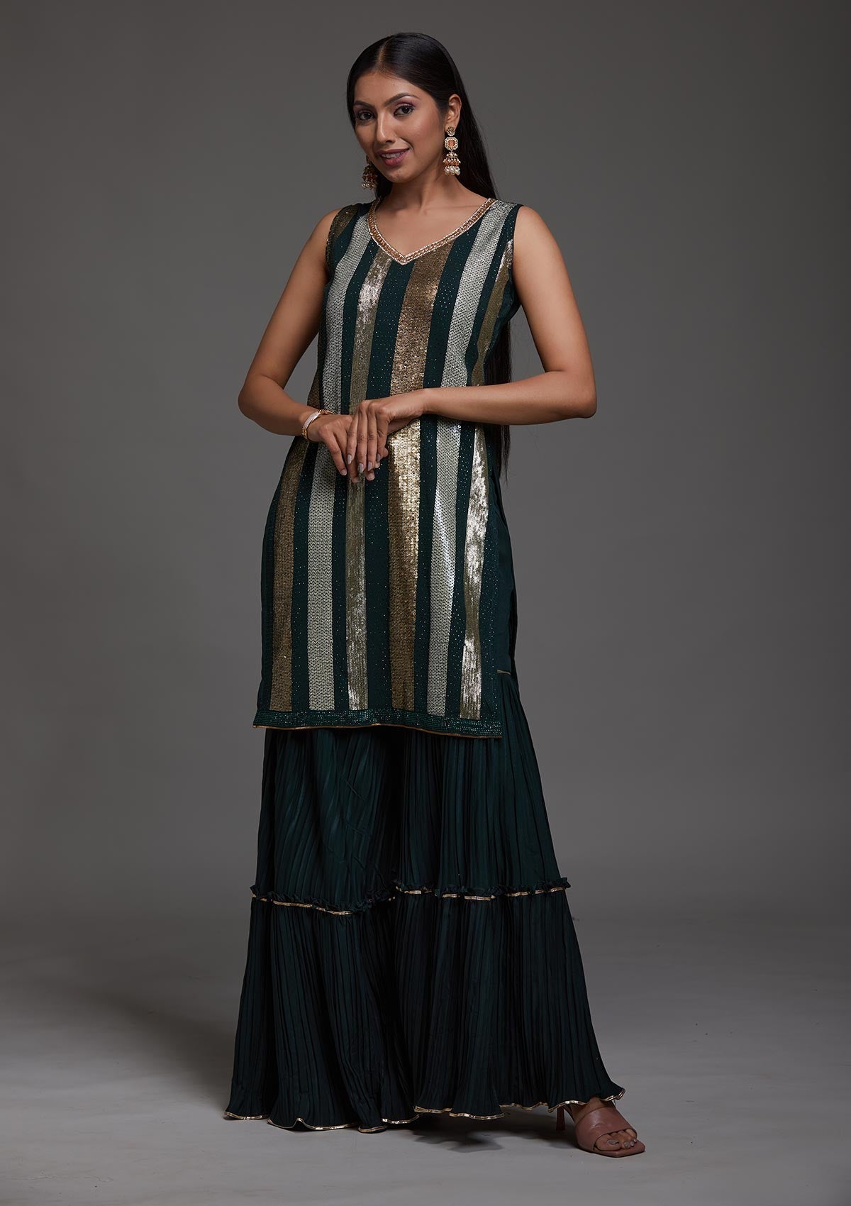 Bottle Green Sequins Semi Crepe Designer Salwar Suit-Koskii