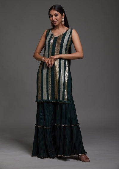 Bottle Green Sequins Semi Crepe Designer Salwar Suit-Koskii