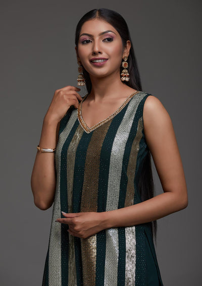 Bottle Green Sequins Semi Crepe Designer Salwar Suit-Koskii