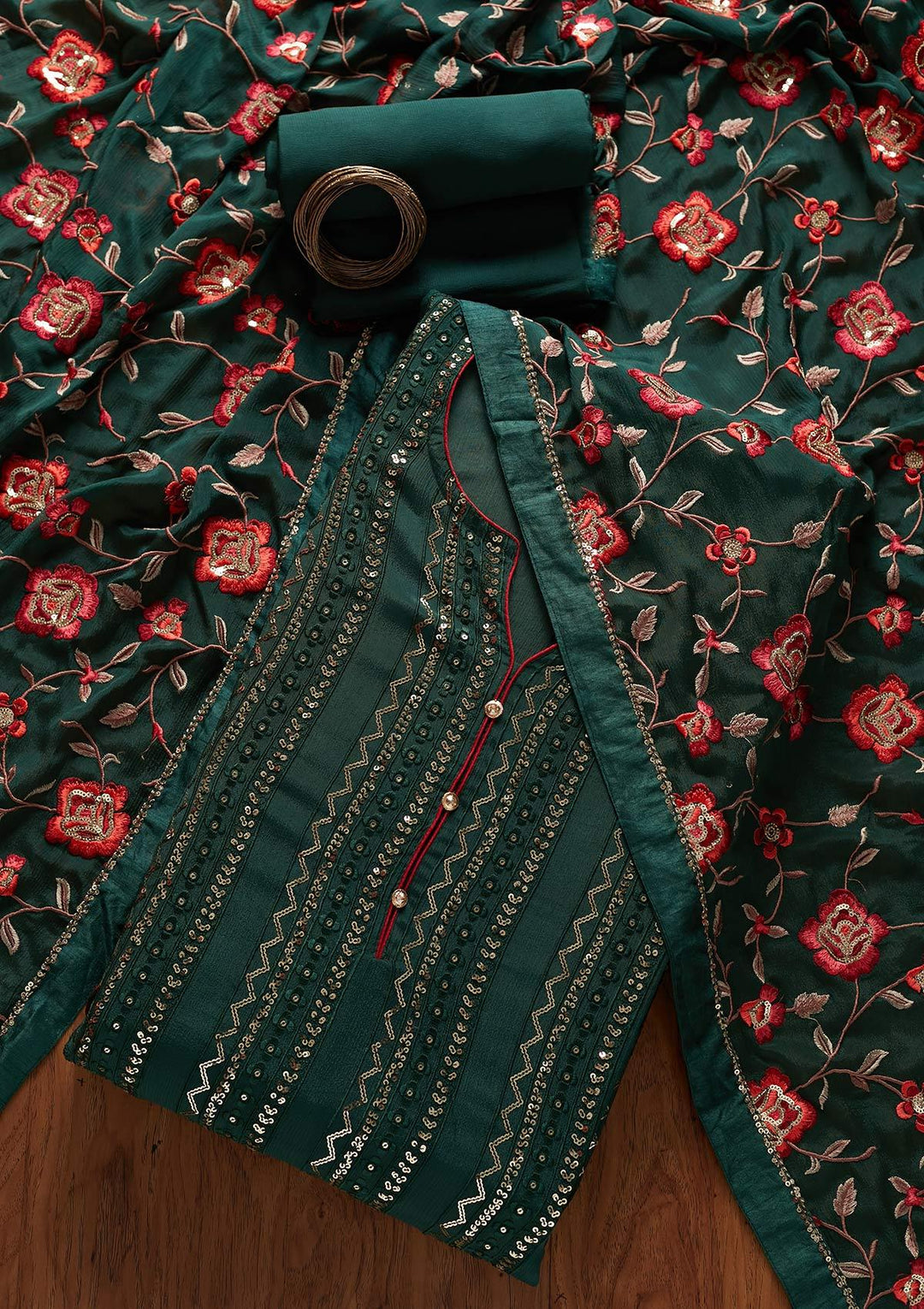 Bottle Green Sequins Georgette Designer Semi-Stitched Salwar Suit - koskii