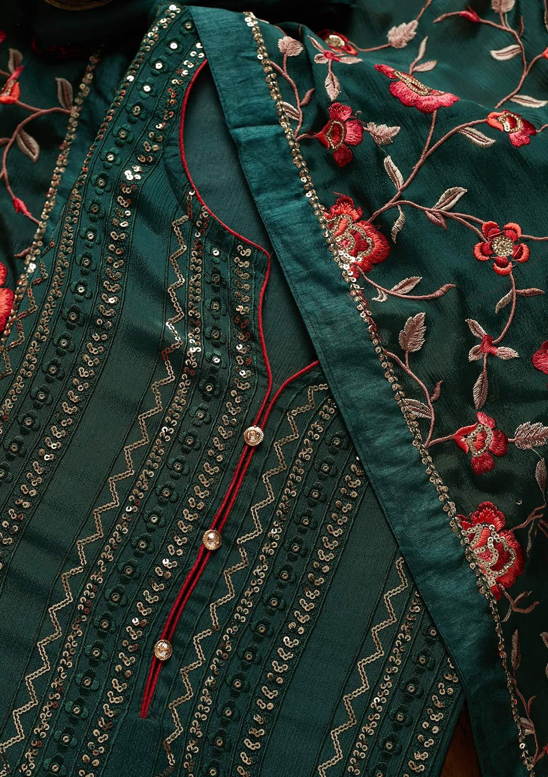 Bottle Green Sequins Georgette Designer Semi-Stitched Salwar Suit - koskii