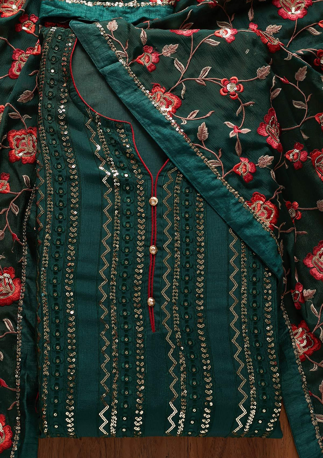 Bottle Green Sequins Georgette Designer Semi-Stitched Salwar Suit - koskii
