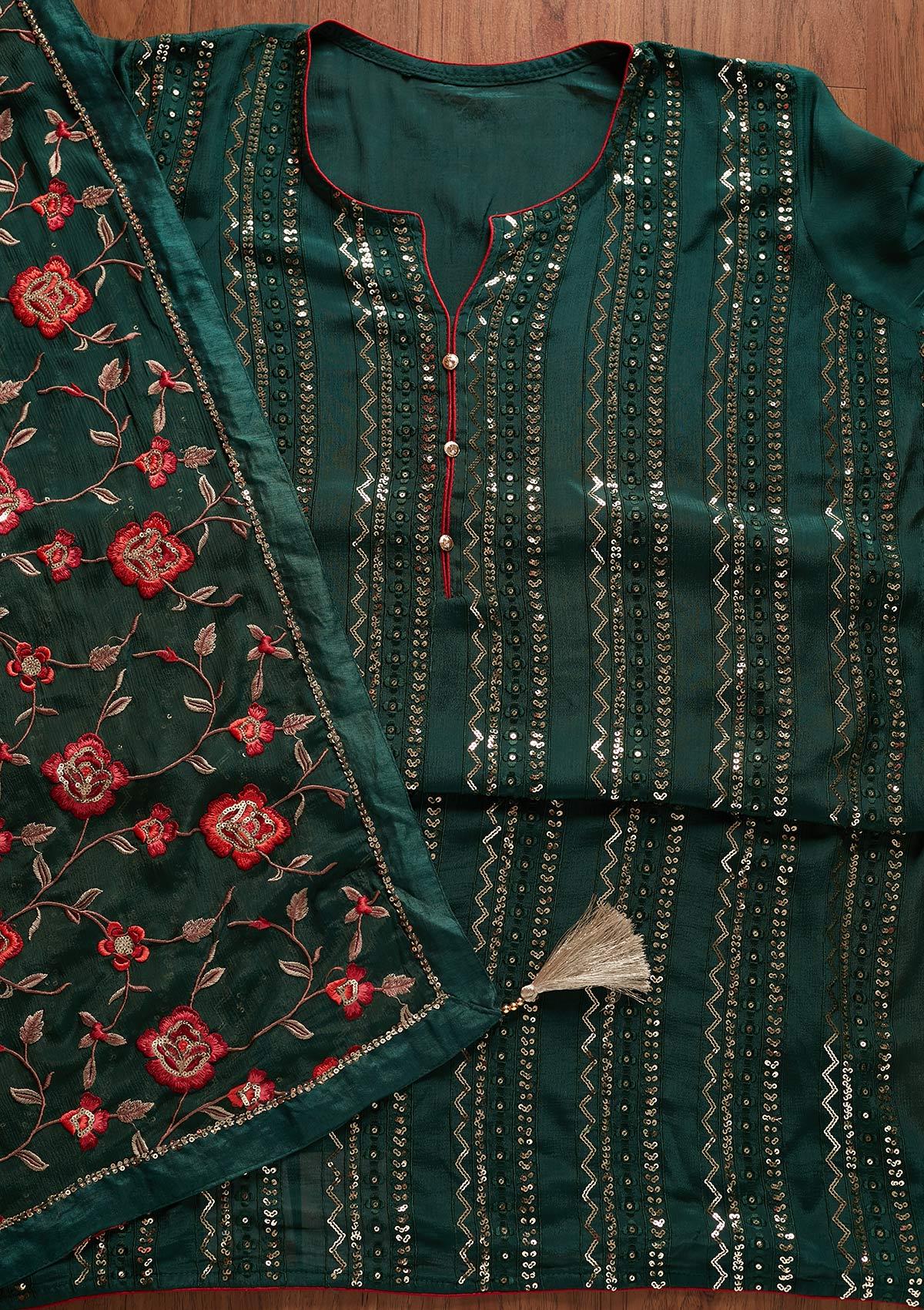 Bottle Green Sequins Georgette Designer Semi-Stitched Salwar Suit - koskii