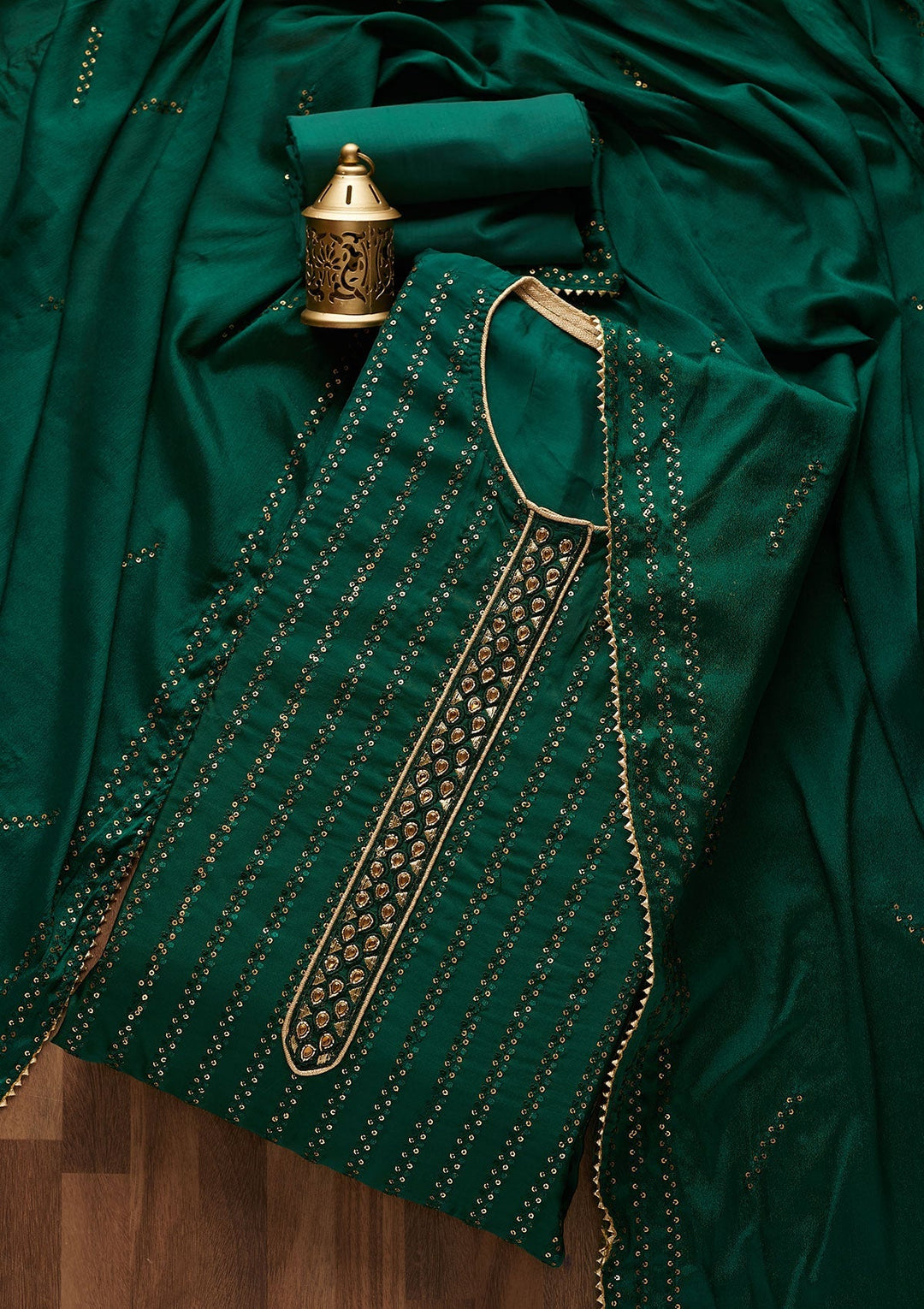 Bottle Green Sequins Georgette Designer Semi-Stitched Salwar Suit - Koskii