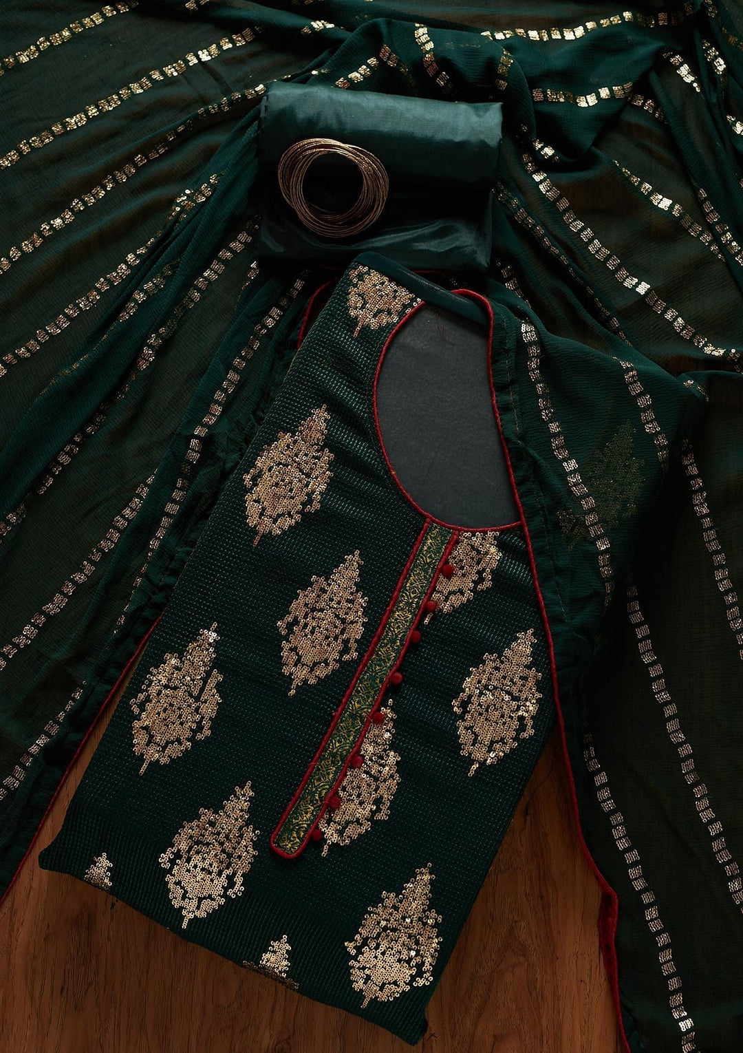 Bottle Green Sequins Georgette Designer Unstitched Salwar Suit - koskii