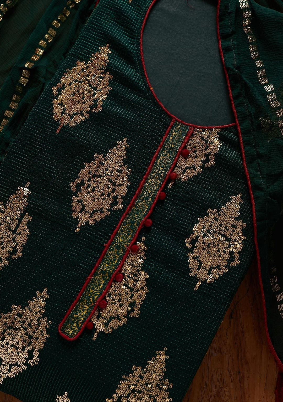Bottle Green Sequins Georgette Designer Unstitched Salwar Suit - koskii