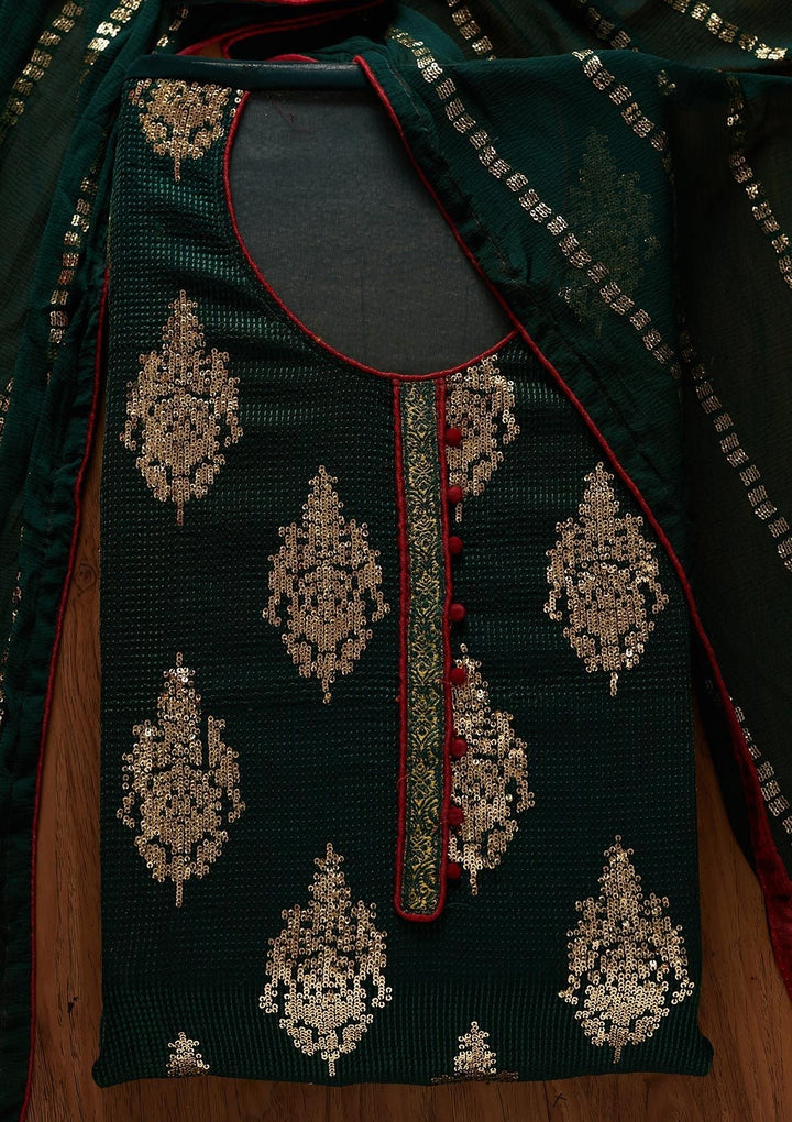 Bottle Green Sequins Georgette Designer Unstitched Salwar Suit - koskii