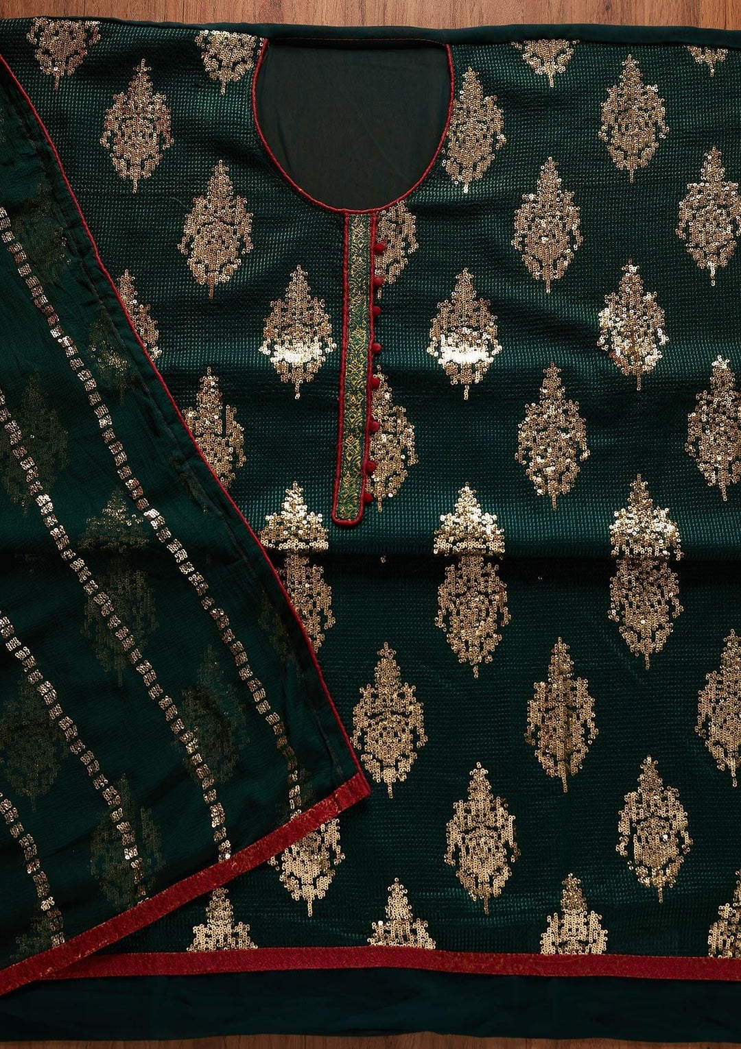 Bottle Green Sequins Georgette Designer Unstitched Salwar Suit - koskii