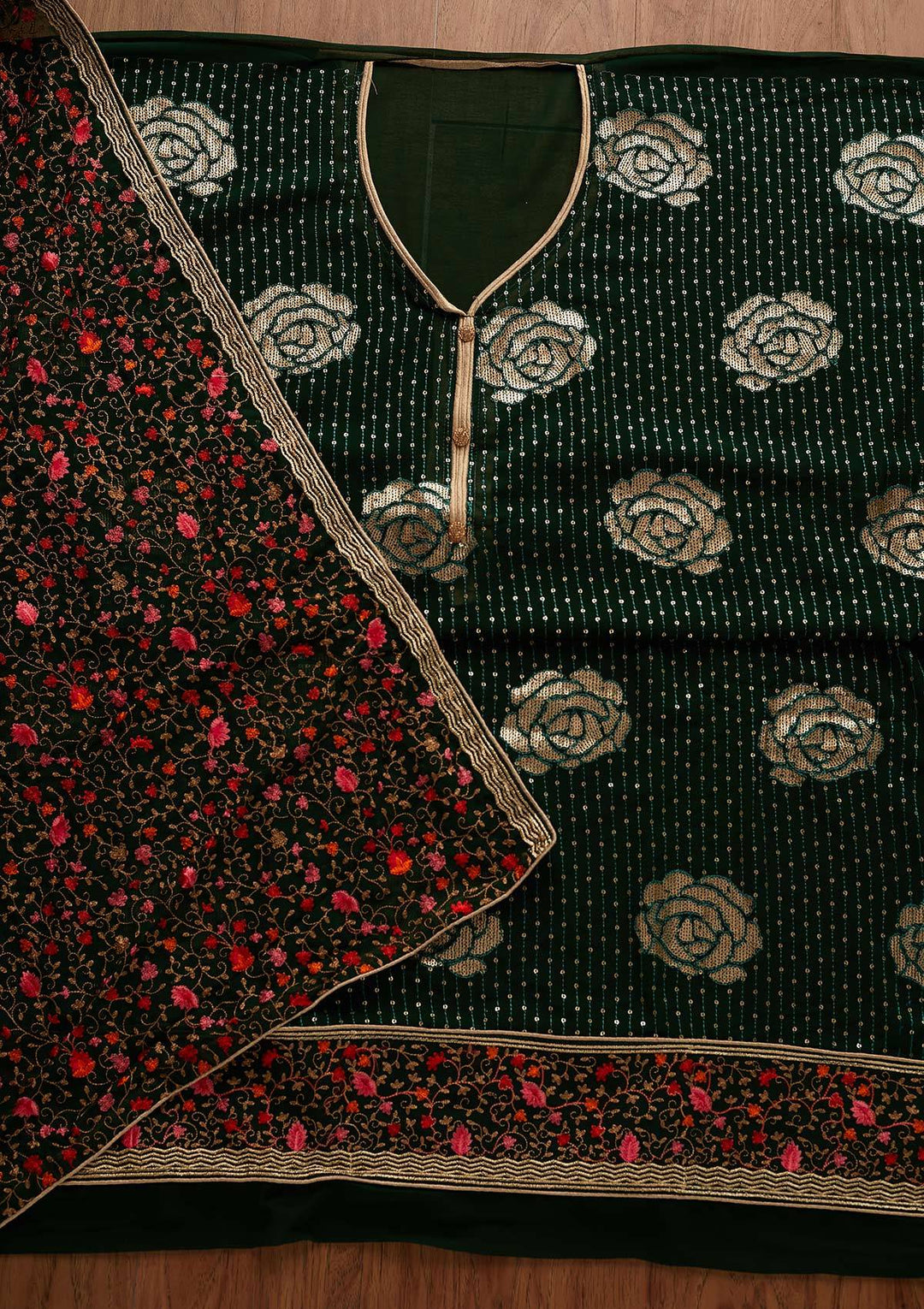 Bottle Green Sequins Georgette Designer Semi-Stitched Salwar Suit - Koskii
