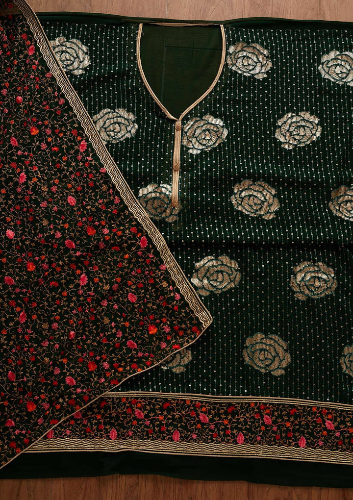 Bottle Green Sequins Georgette Designer Semi-Stitched Salwar Suit - Koskii