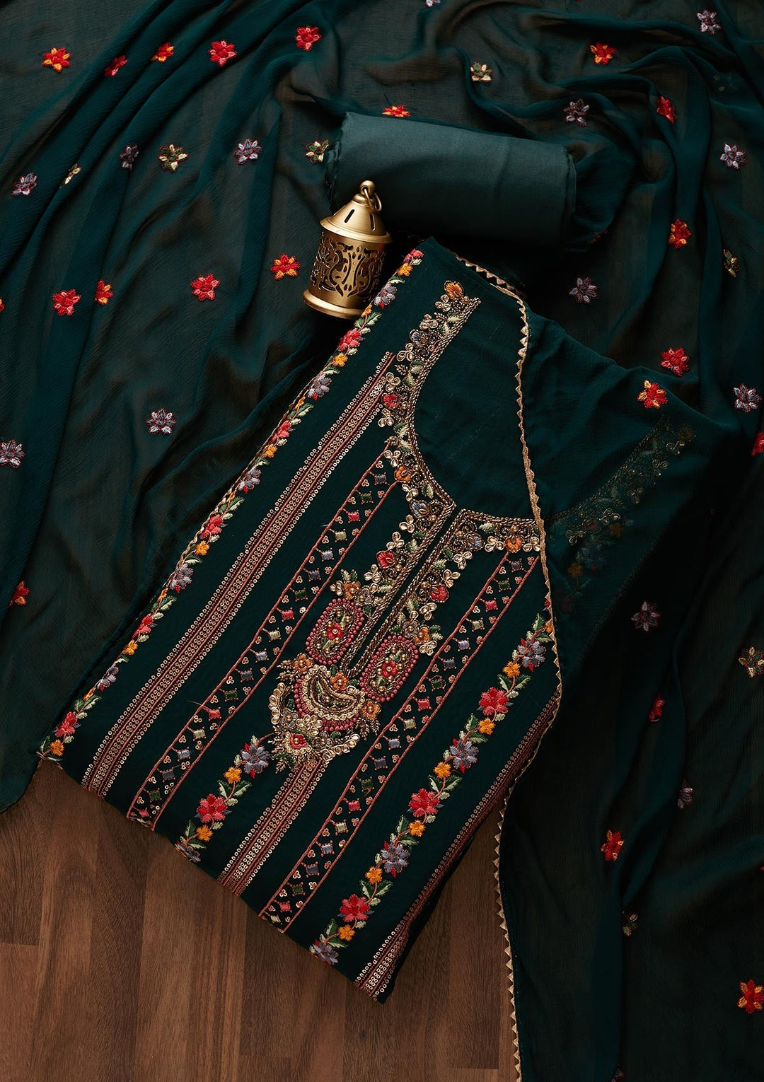 Bottle Green Sequins Georgette Designer Unstitched Salwar Suit - Koskii