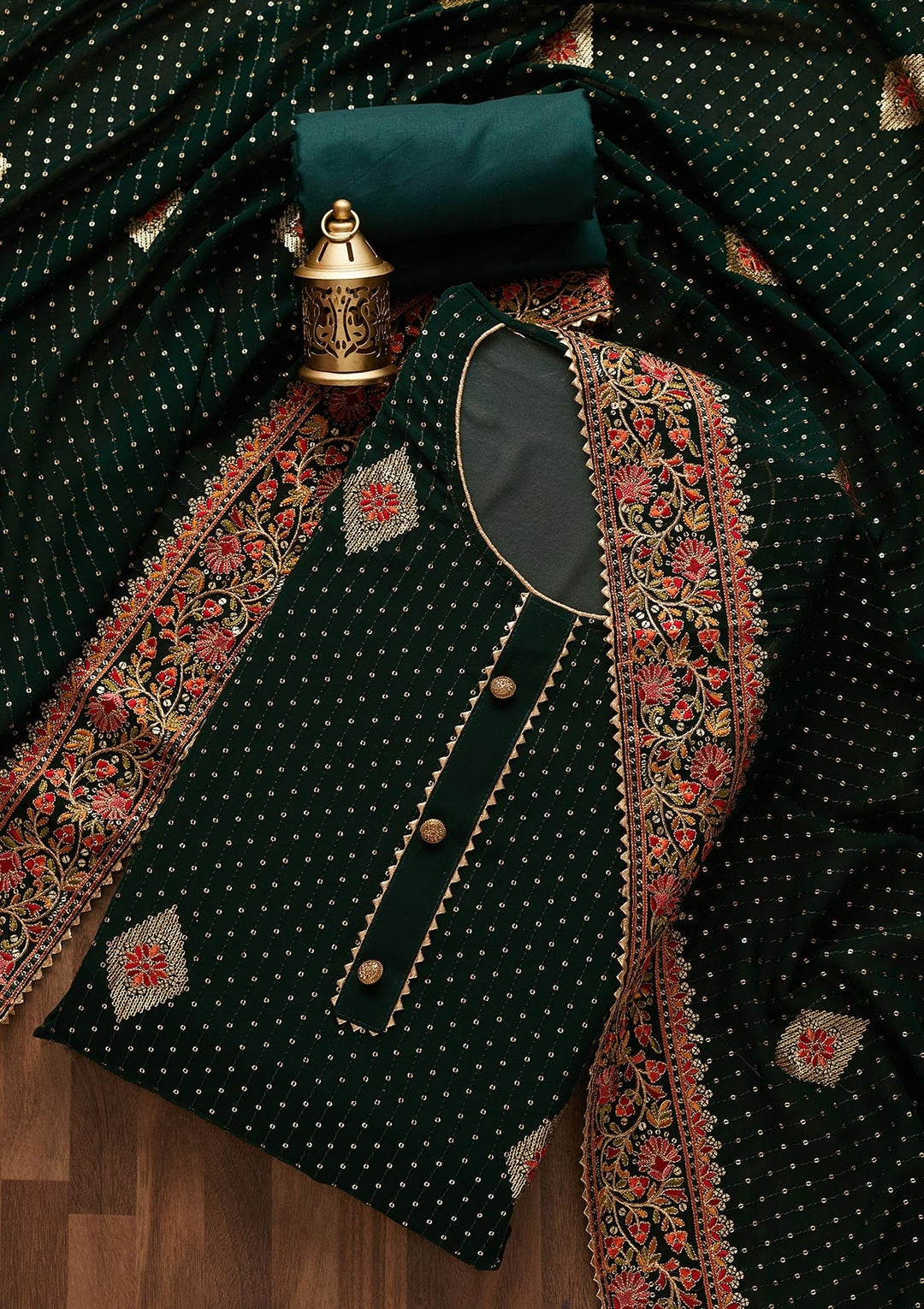 Bottle Green Sequins Georgette Designer Unstitched Salwar Suit - Koskii