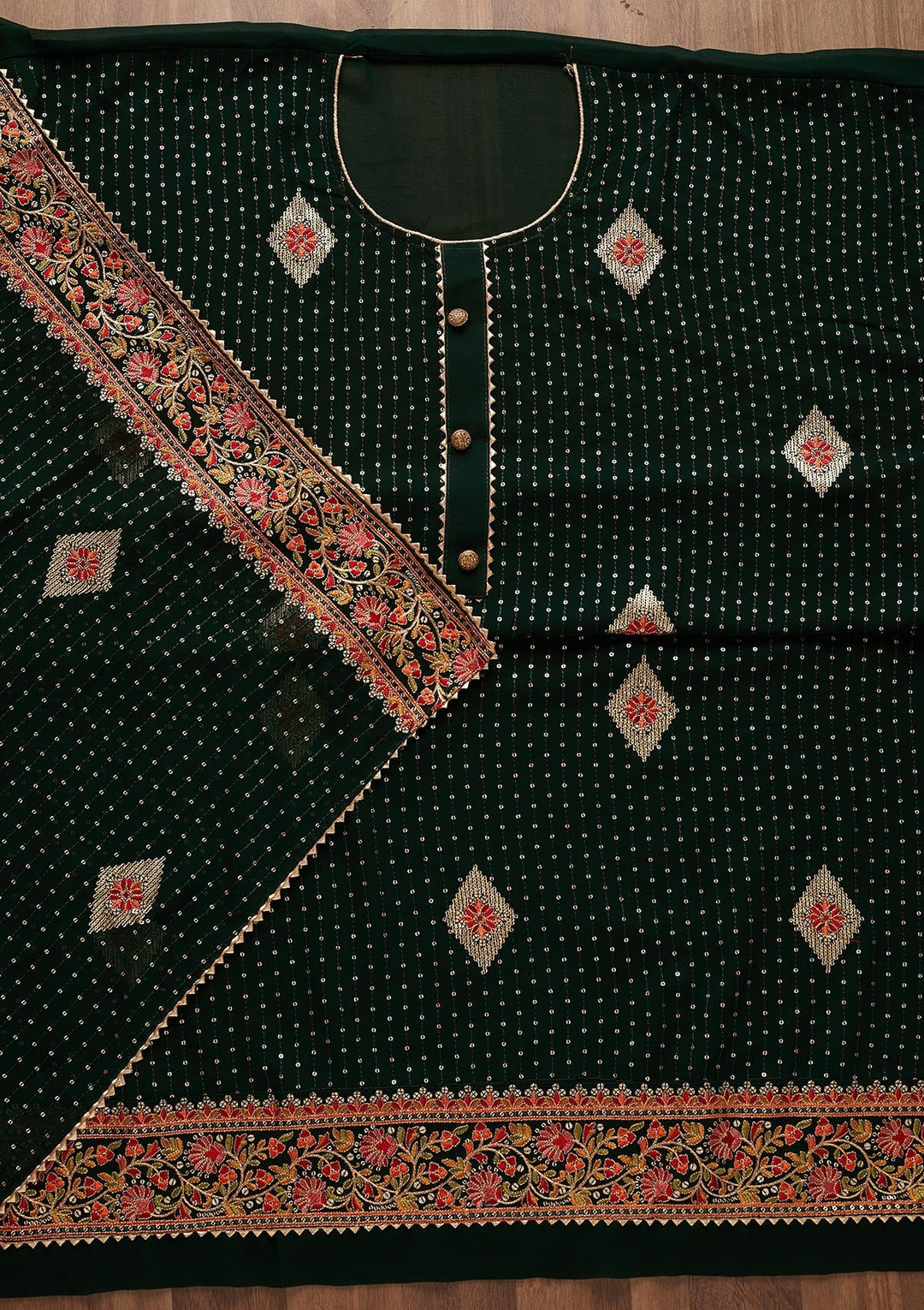 Bottle Green Sequins Georgette Designer Unstitched Salwar Suit - Koskii
