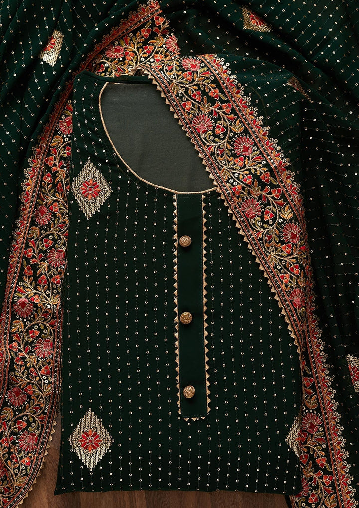 Bottle Green Sequins Georgette Designer Unstitched Salwar Suit - Koskii