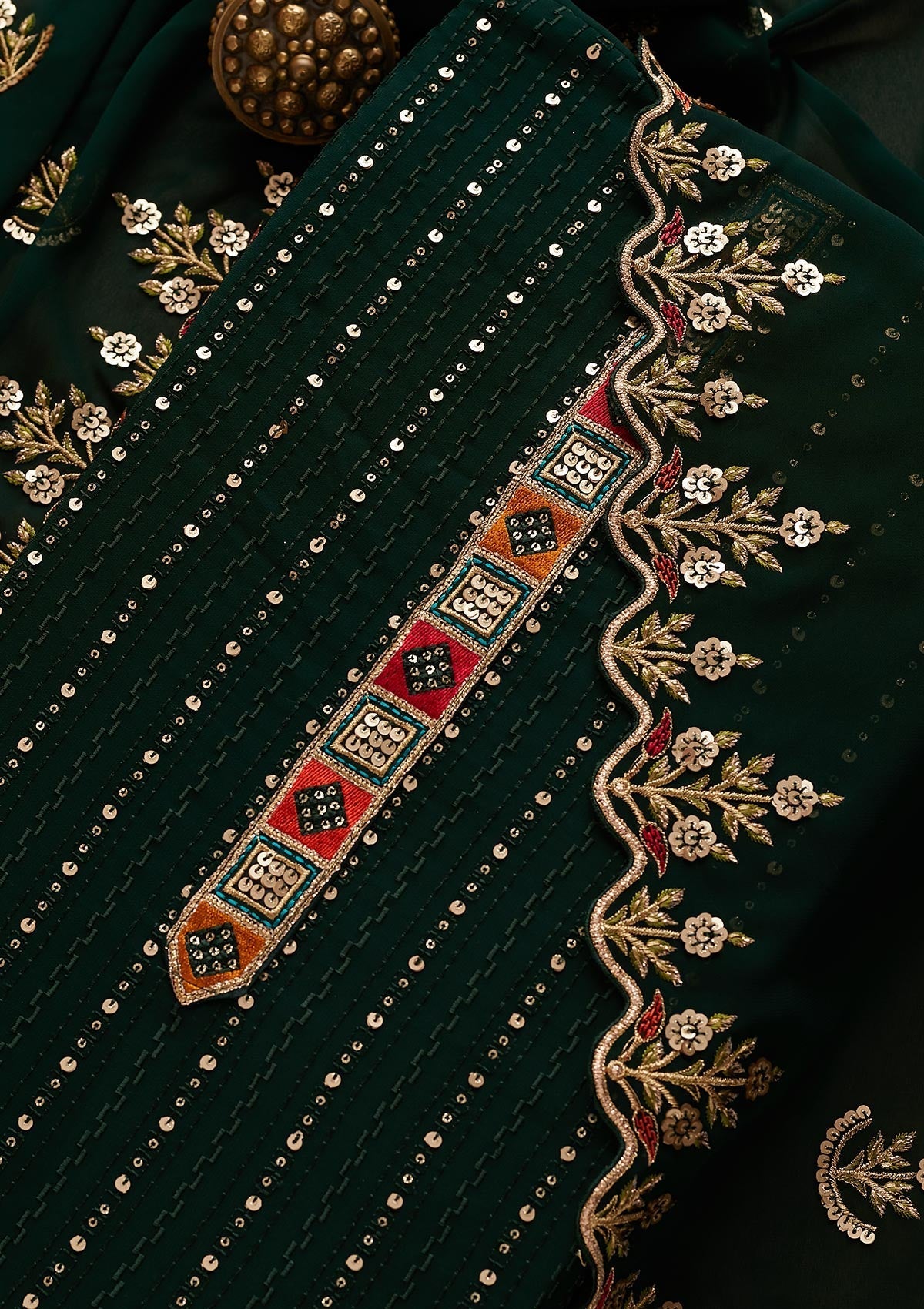 Bottle Green Sequins Georgette Designer Unstitched Salwar Suit - Koskii