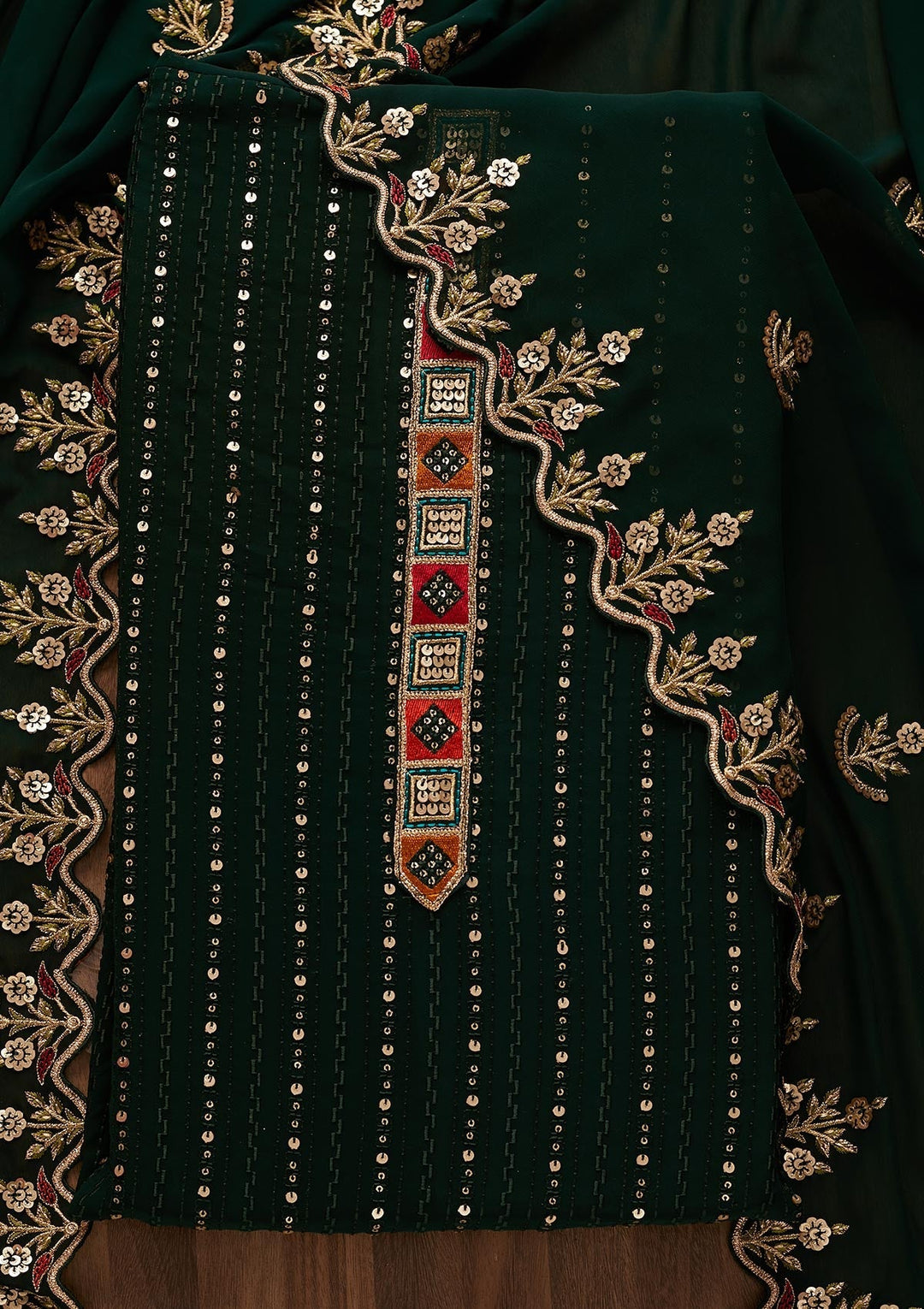 Bottle Green Sequins Georgette Designer Unstitched Salwar Suit - Koskii