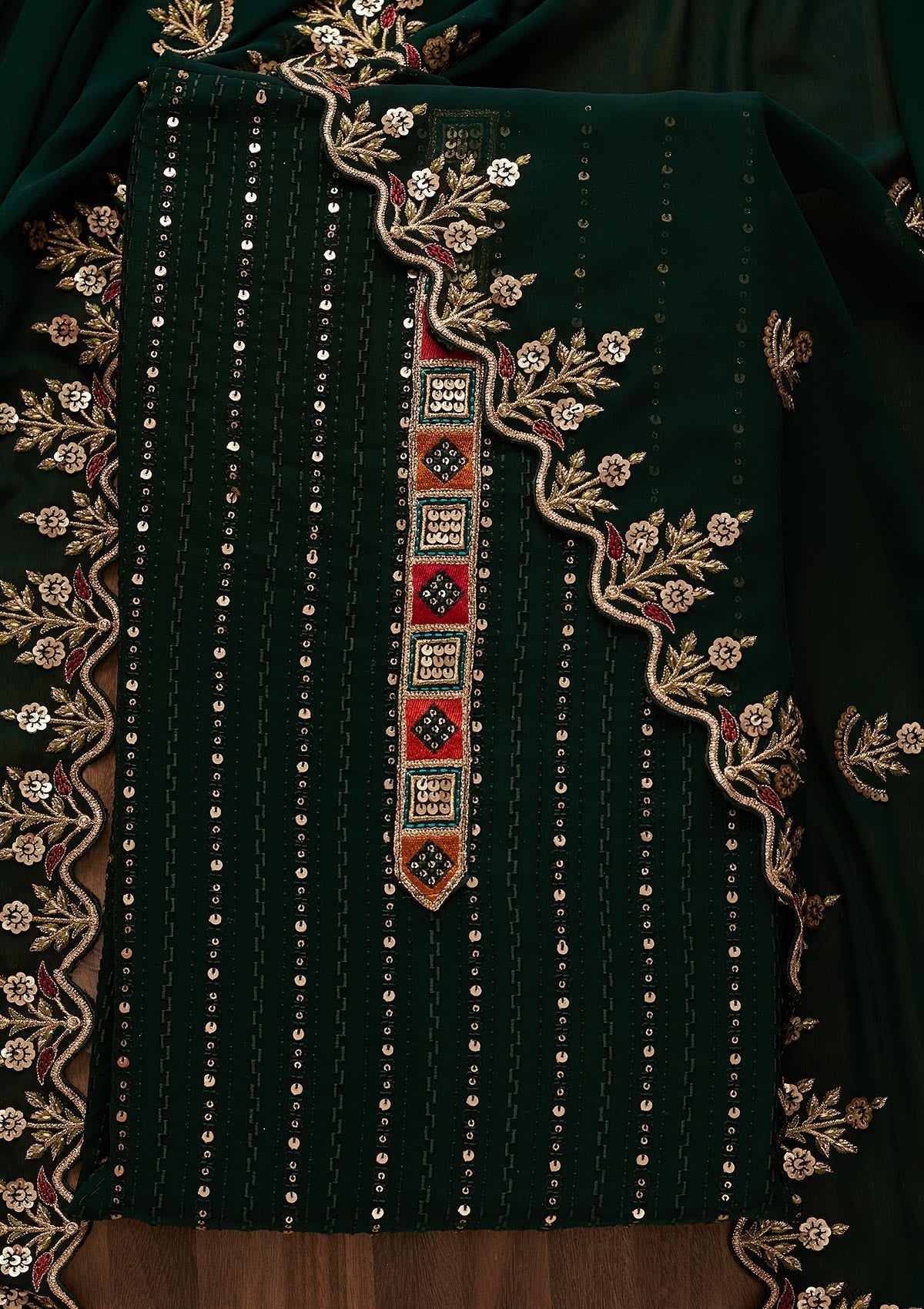Bottle Green Sequins Georgette Designer Unstitched Salwar Suit - Koskii