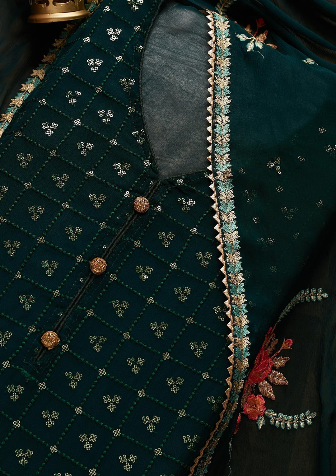 Bottle Green Sequins Georgette Designer Unstitched Salwar Suit - Koskii