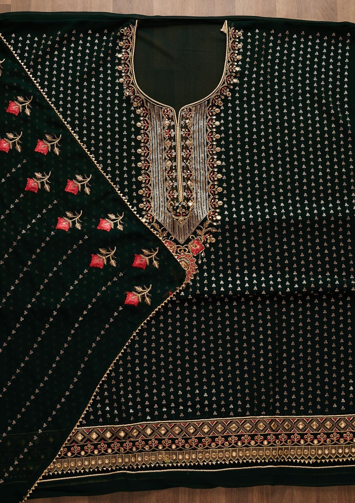 Bottle Green Sequins Georgette Unstitched Salwar Suit-Koskii