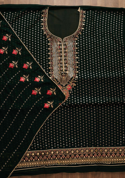 Bottle Green Sequins Georgette Unstitched Salwar Suit-Koskii