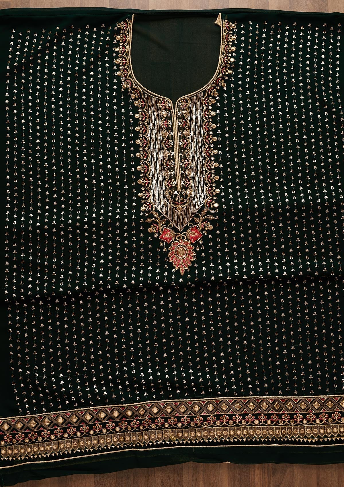 Bottle Green Sequins Georgette Unstitched Salwar Suit-Koskii