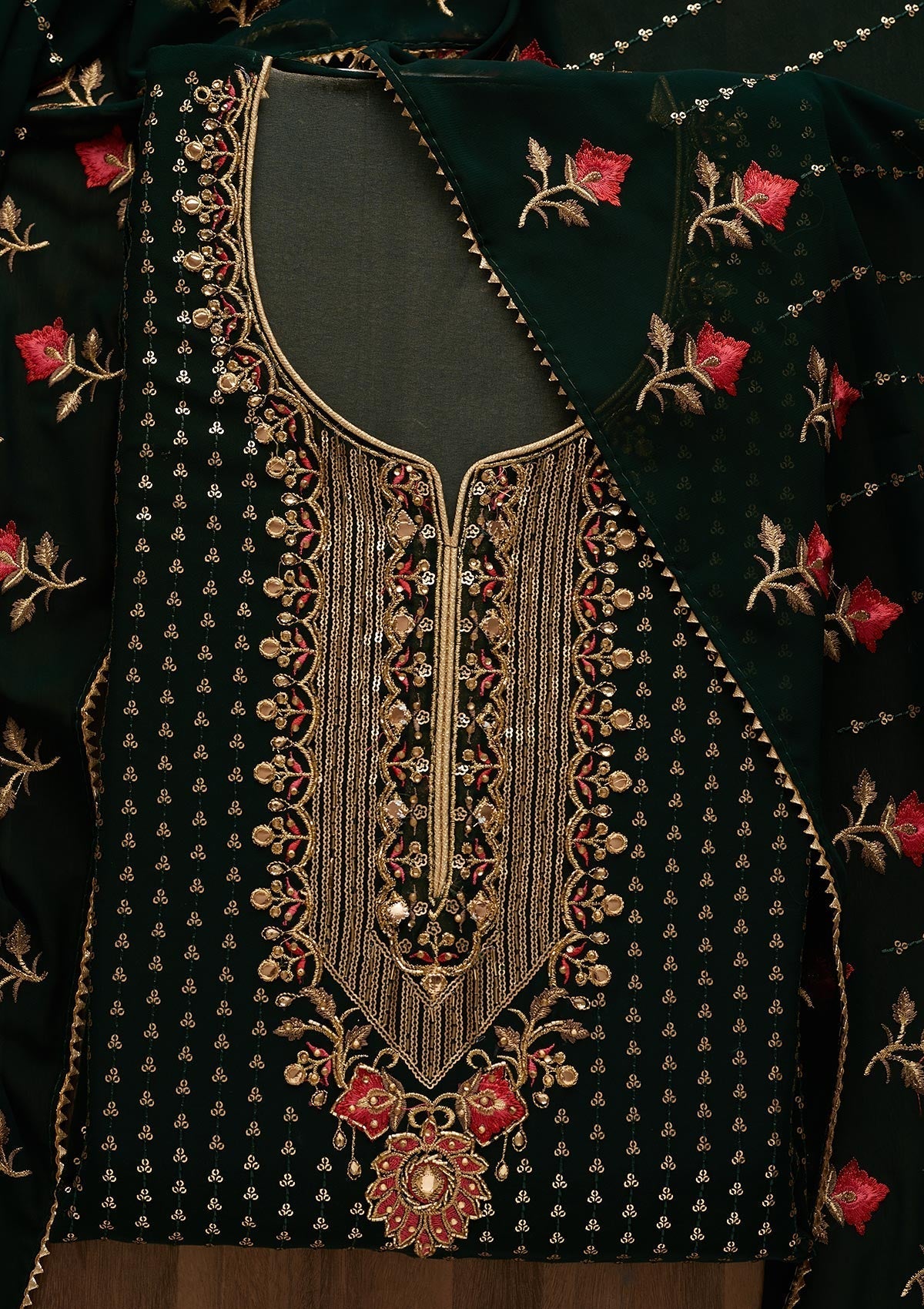 Bottle Green Sequins Georgette Unstitched Salwar Suit-Koskii