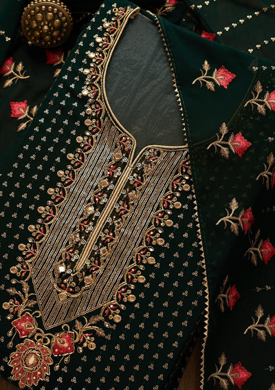 Bottle Green Sequins Georgette Unstitched Salwar Suit-Koskii