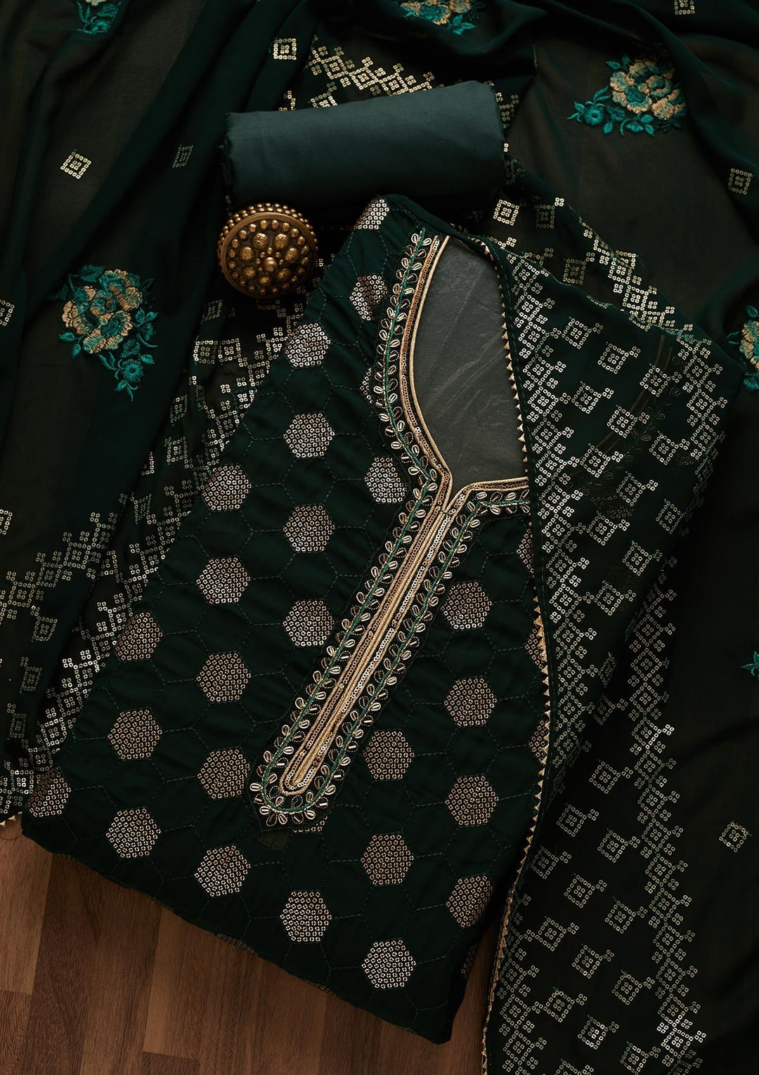Bottle Green Sequins Georgette Unstitched Salwar Suit-Koskii