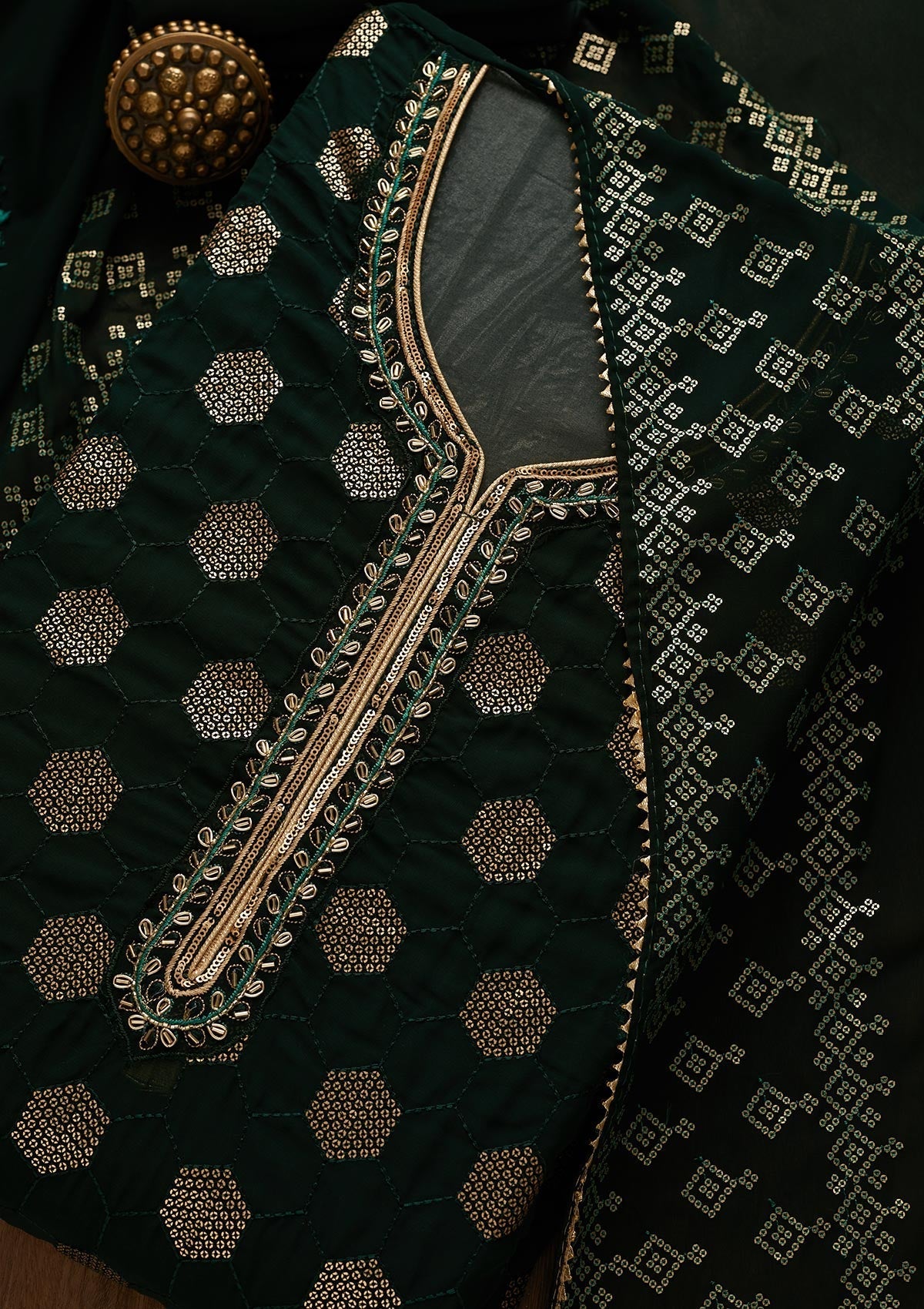 Bottle Green Sequins Georgette Unstitched Salwar Suit-Koskii