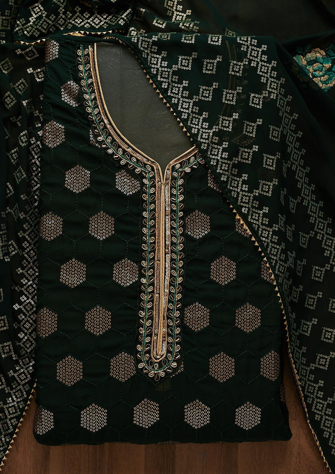 Bottle Green Sequins Georgette Unstitched Salwar Suit-Koskii