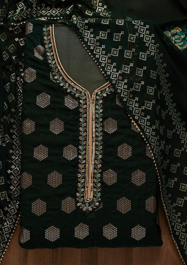 Bottle Green Sequins Georgette Unstitched Salwar Suit-Koskii