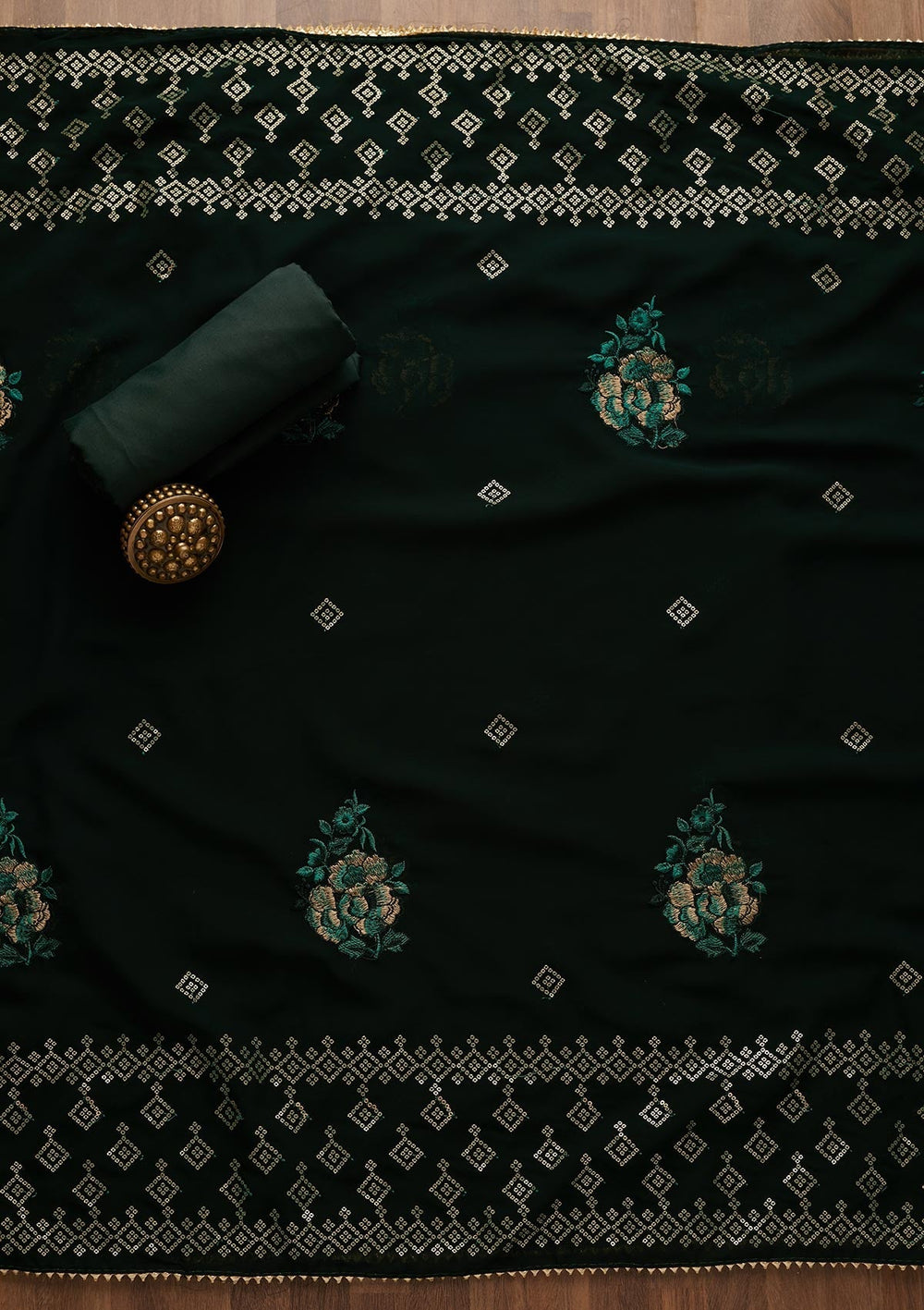 Bottle Green Sequins Georgette Unstitched Salwar Suit-Koskii