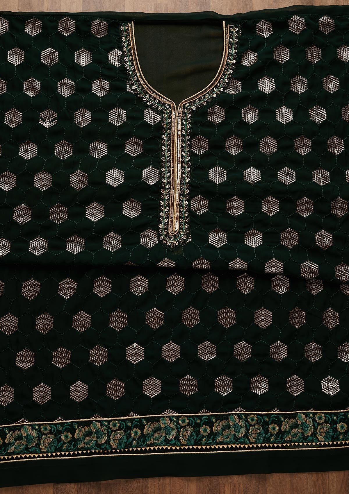 Bottle Green Sequins Georgette Unstitched Salwar Suit-Koskii