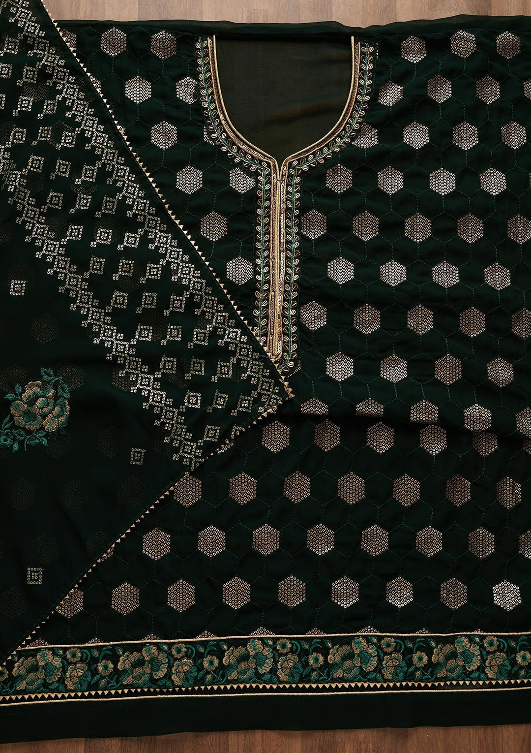 Bottle Green Sequins Georgette Unstitched Salwar Suit-Koskii