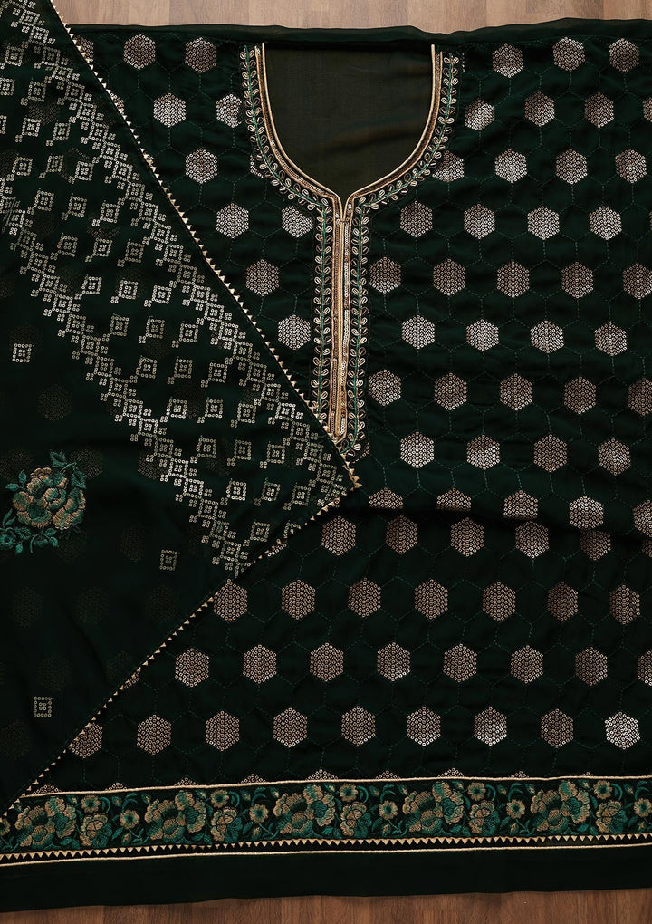 Bottle Green Sequins Georgette Unstitched Salwar Suit-Koskii