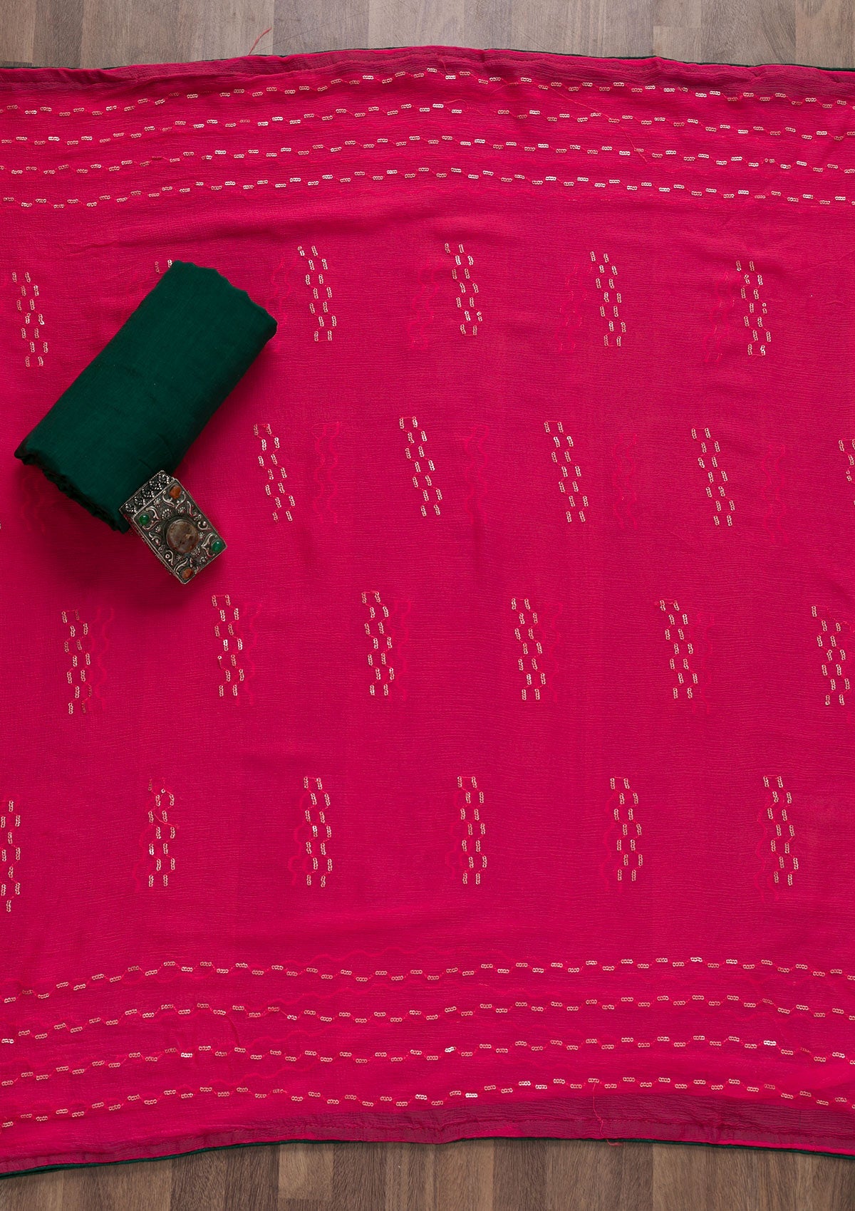 Bottle Green Sequins Georgette Semi-Stitched Salwar Suit-Koskii