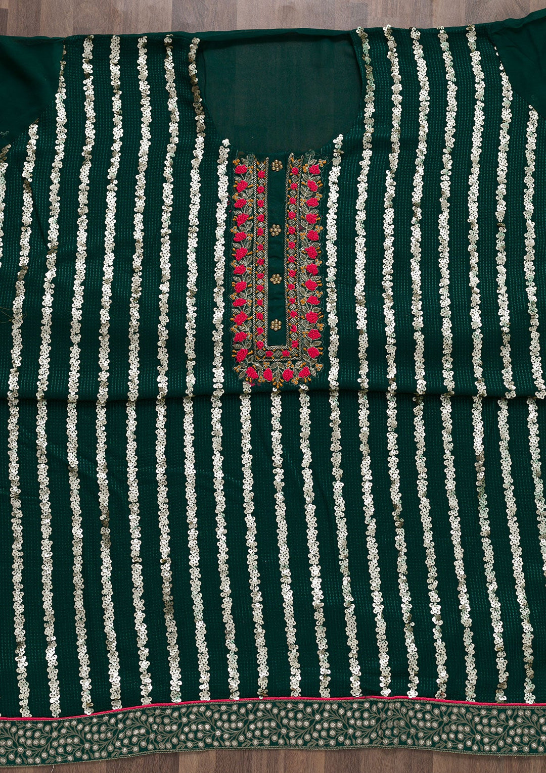 Bottle Green Sequins Georgette Semi-Stitched Salwar Suit-Koskii