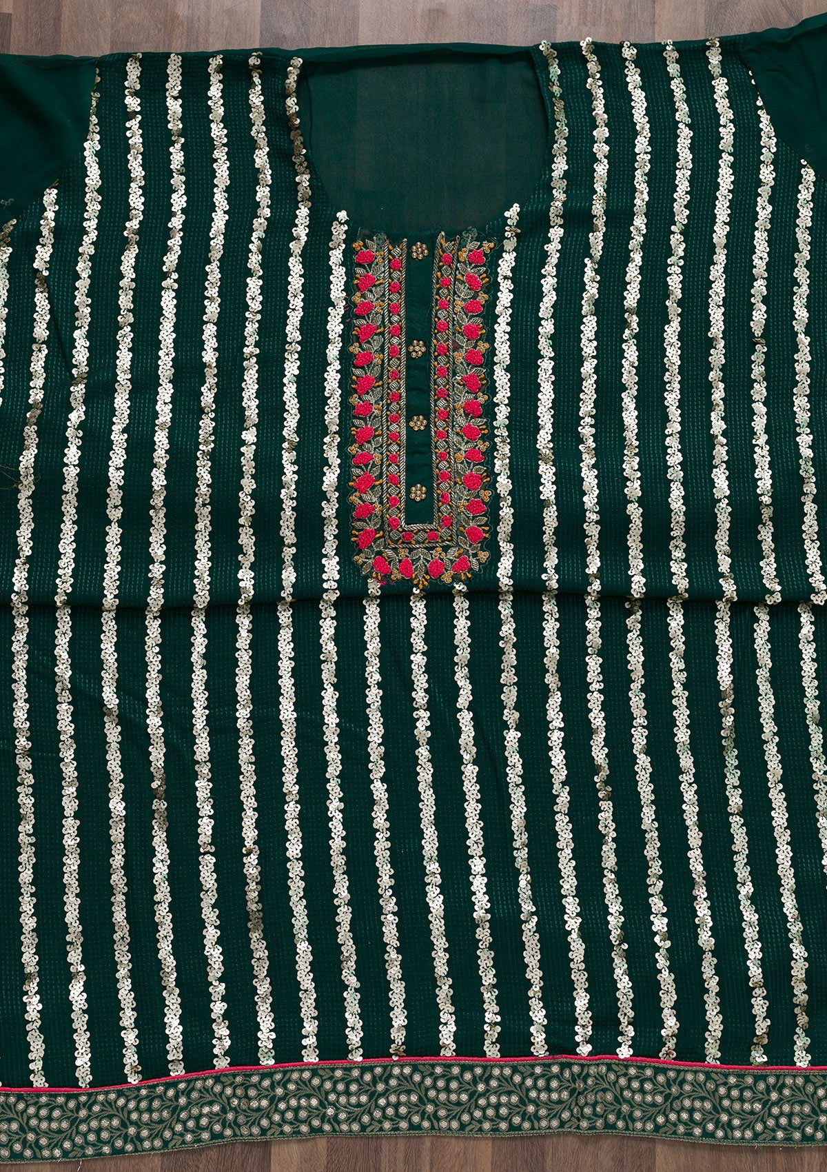 Bottle Green Sequins Georgette Semi-Stitched Salwar Suit-Koskii