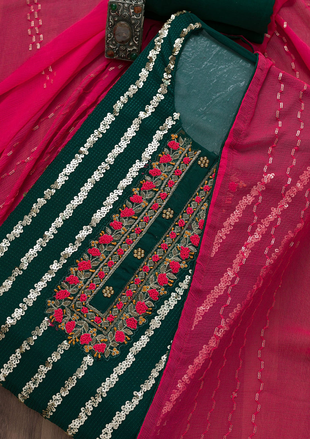 Bottle Green Sequins Georgette Semi-Stitched Salwar Suit-Koskii