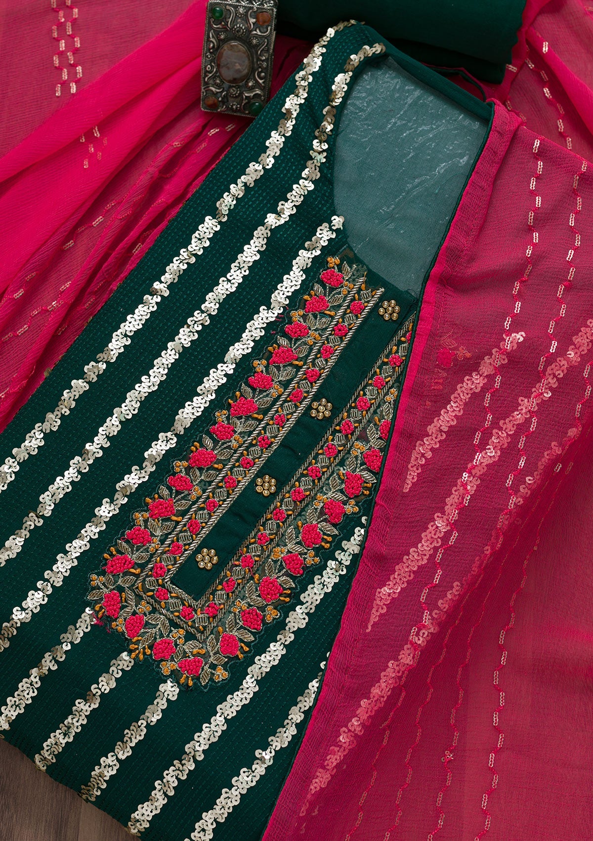 Bottle Green Sequins Georgette Semi-Stitched Salwar Suit-Koskii
