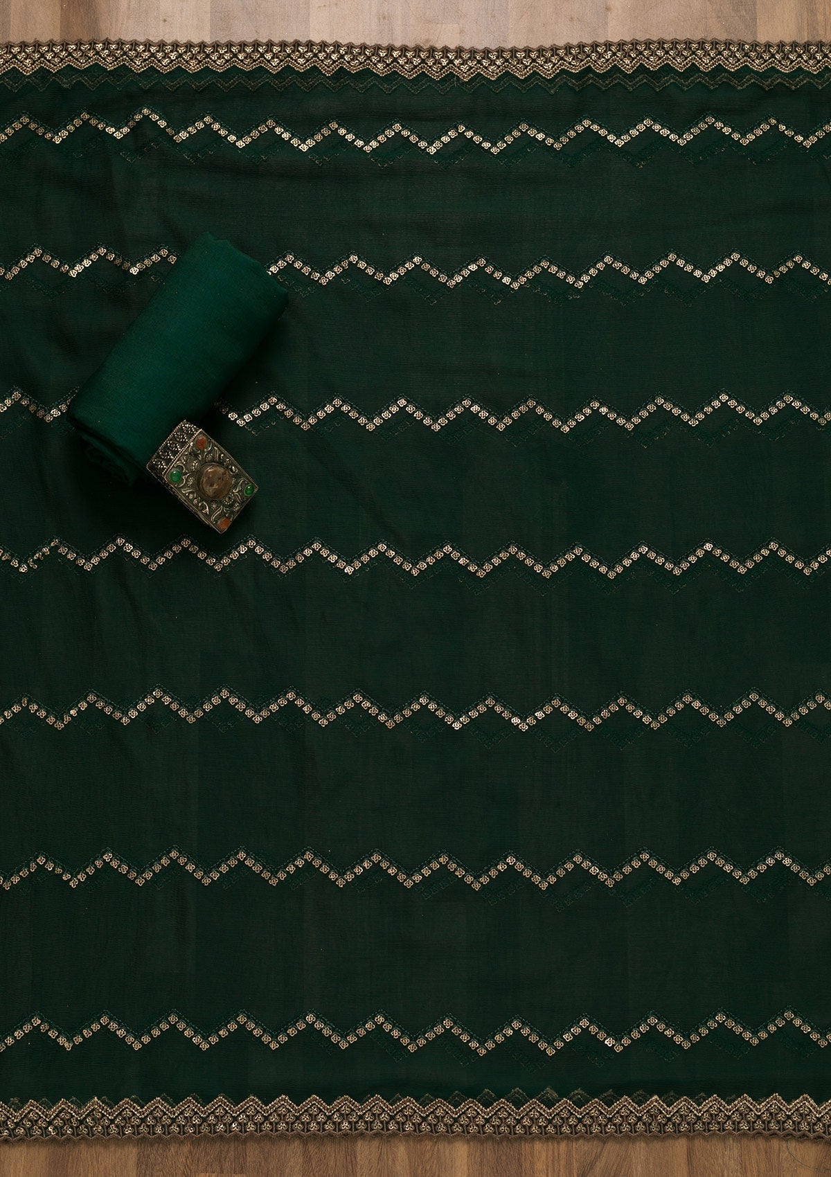 Bottle Green Sequins Georgette Unstitched Salwar Suit-Koskii