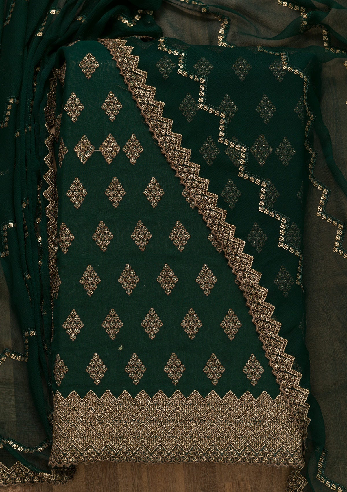 Bottle Green Sequins Georgette Unstitched Salwar Suit-Koskii