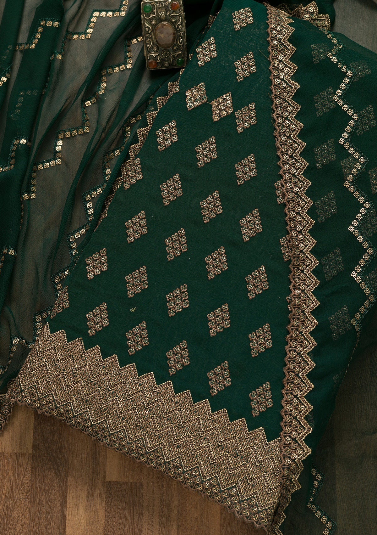 Bottle Green Sequins Georgette Unstitched Salwar Suit-Koskii